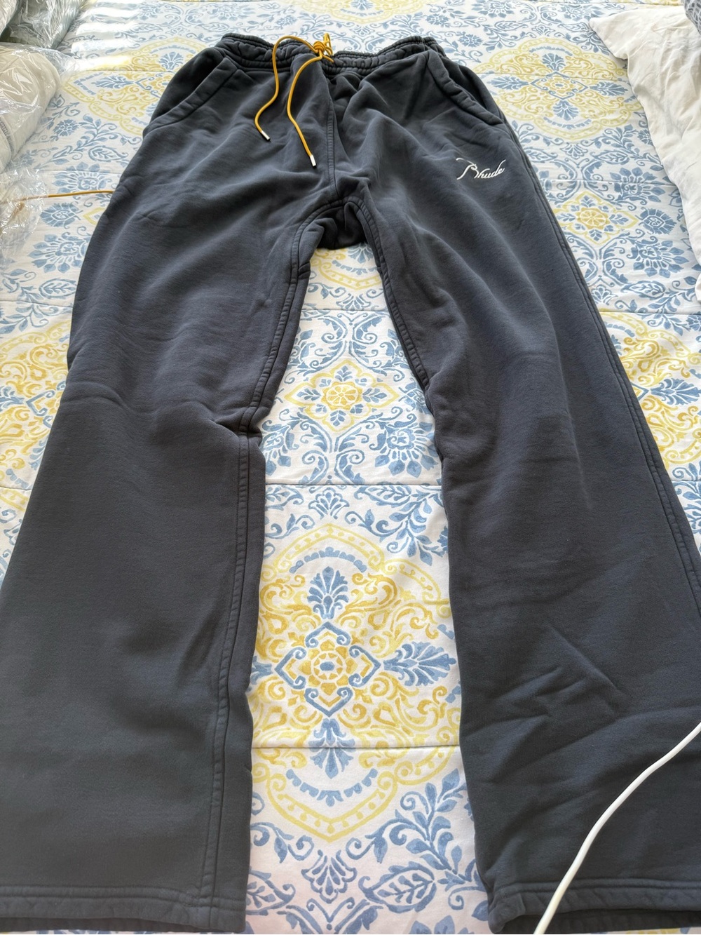 Rhude Black Sweatpants with Yellow Drawstring